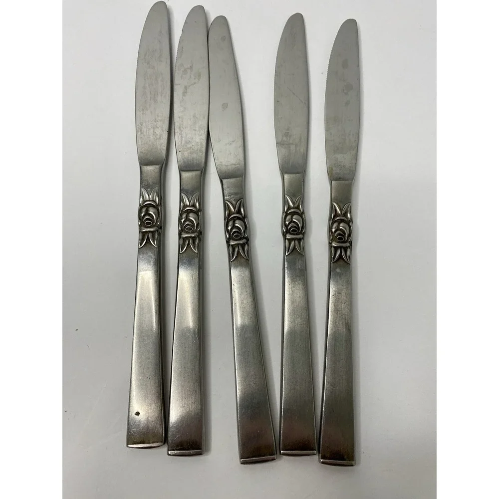 Nasco Stainless Steel Westwood Dinner Knives Lot of 5 Made in Japan Rose Floral